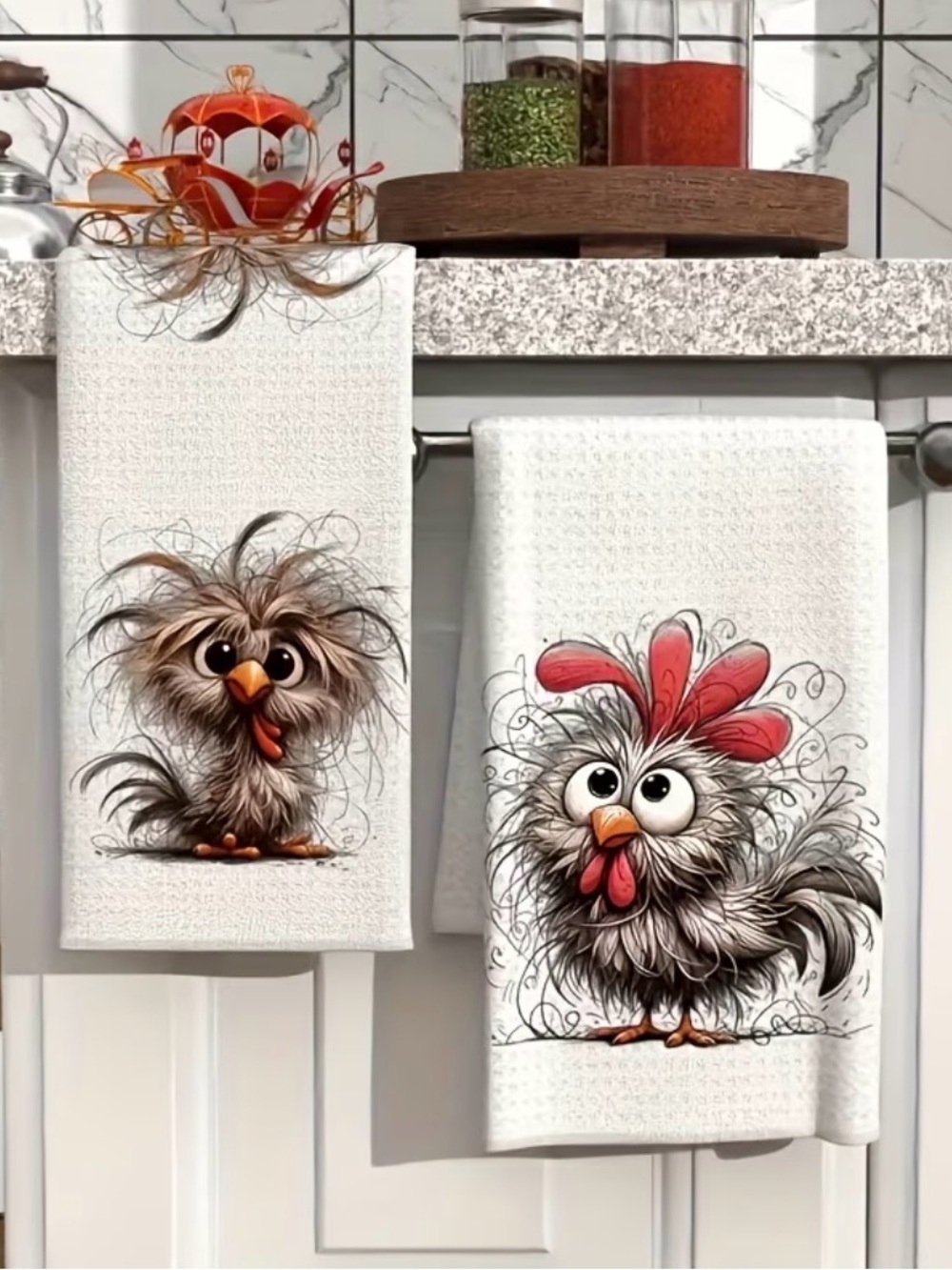 Whimsical Chicken & Rooster Kitchen Towels - Set of Two - Picture 3 of 7